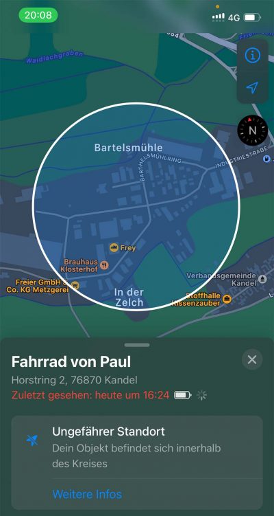Nicht gut: Das Fahrrad wurde schon länger nicht mehr gesehen und der Standort ist nicht genau - gut möglich, dass die Diebe den AirTag entdeckt und deaktiviert haben.