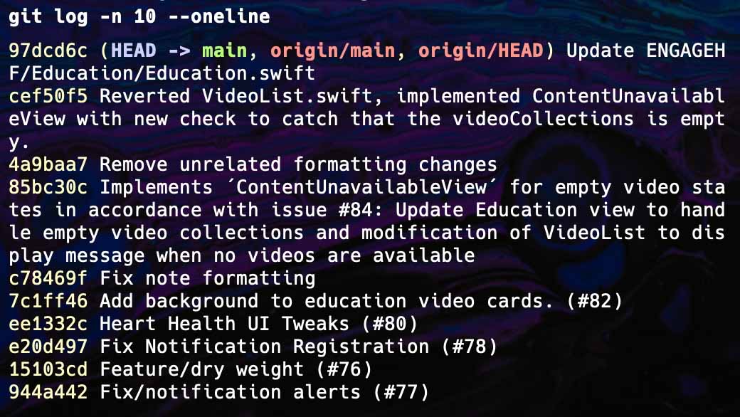 Die letzten Commits im Git-Log