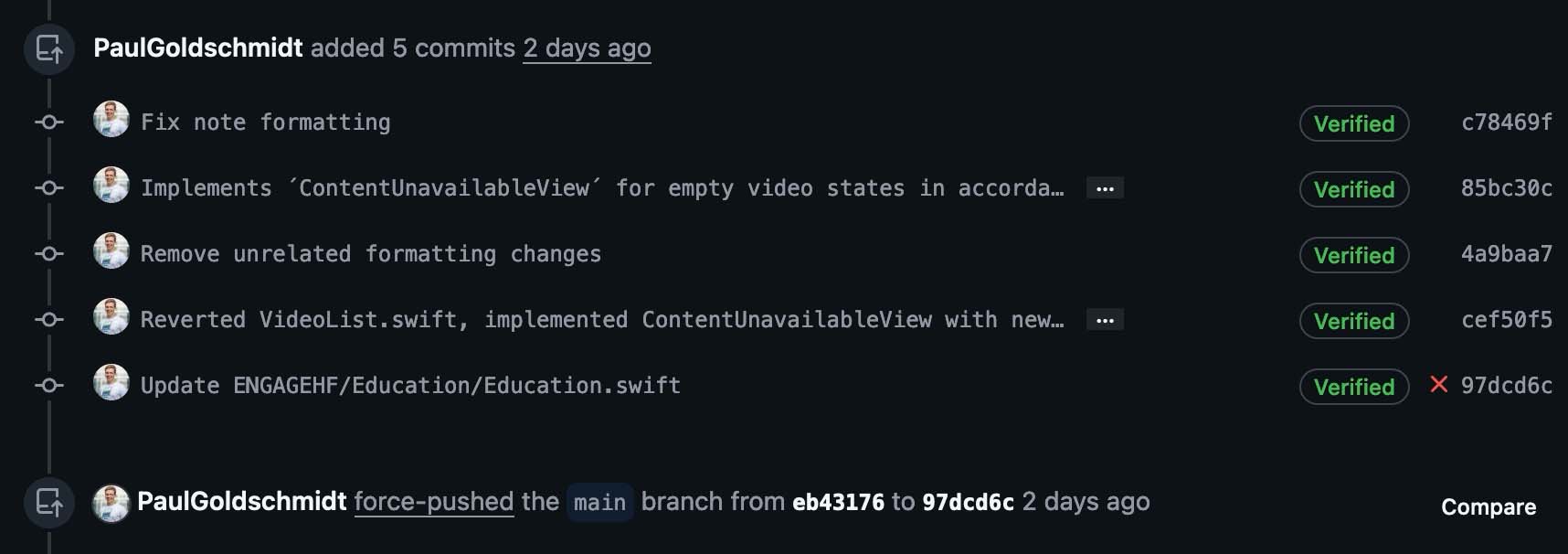 Und die fertig validierten Commits nach dem force-push